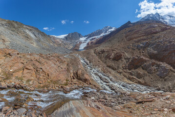 Lunar panorama of rocks crossed by streams and smoothed by the Valleunga glacier. The glacier is in rapid retreat occurred due to global warming, Alto Adige, Italy
