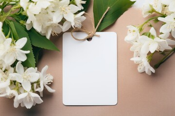 blank white label tag - mockup template on a table with floral background created using generative AI tools