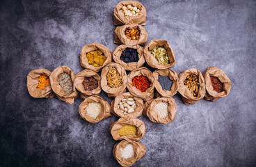 Spices background. Food. Spices. Ingredients. Photo. Background. Wooden table. 