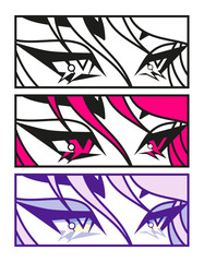 Three pairs of Asian eyes. Manga style. Japanese cartoon concept. Anime characters. Hand drawn fashion vector illustration. Finished prints. Each illustration is isolated