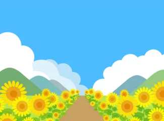 Tuinposter ひまわり畑と青空と入道雲と一本道　夏の風景のイメージ © Rabbit tail