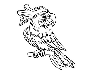 Obraz premium Parrot Ara. Parrot sitting on a branch. Illustration of a bird. Comic outline drawing, coloring for children. Vector. Close-up.