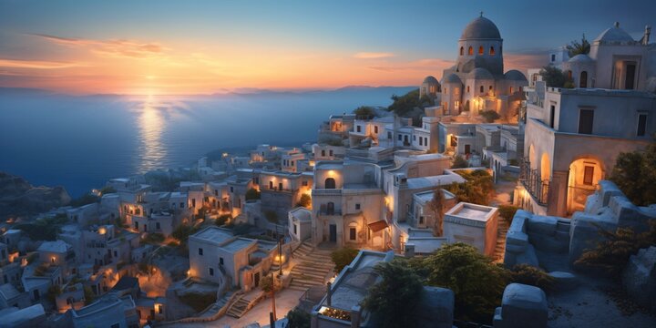 mediterranean landscape with ocean and sunset sky, beautiful island with a ancient village, fictional landscape created with generative ai