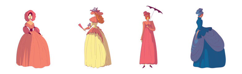 Madam Woman in Standing Pose Wearing Old-fashioned Dress or Ball Gown Vector Set