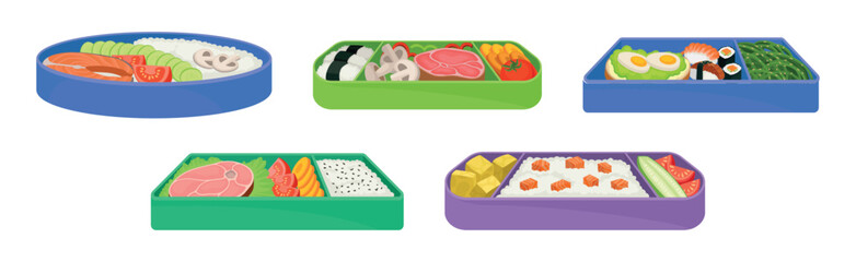 Japanese Bento Colorful Food Box as Ready Meal Vector Set