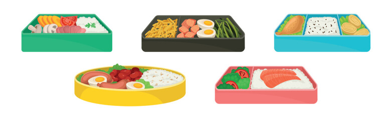 Japanese Bento Colorful Food Box as Ready Meal Vector Set