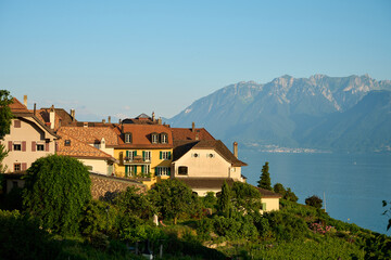 Fototapeta na wymiar Village by lake and mountains in Switzerland near Lausanne