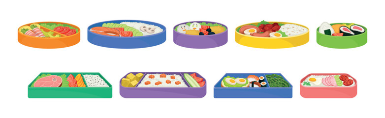 Japanese Bento Colorful Food Box as Ready Meal Vector Set
