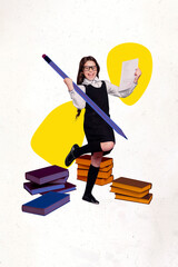 Fototapeta premium Vertical collage of excited mini clever girl hold test paper list raise fist huge pencil pile stack book isolated on white background