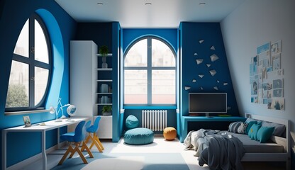 cool children's room in a loft apartment in blue color