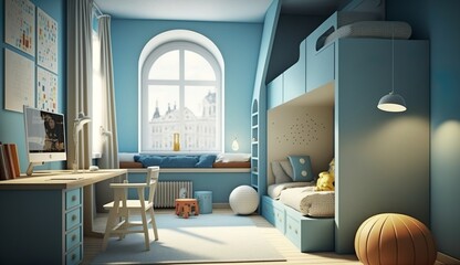 cool children's room in a loft apartment in blue color