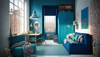 cool children's room in a loft apartment in blue color
