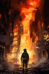 A firefighter against the background of a burning building, ai generative
