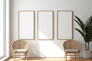 three empty wooden picture frames in a minimalistic room - created using generative Ai tools