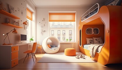 cool children's room in a loft apartment in orange color