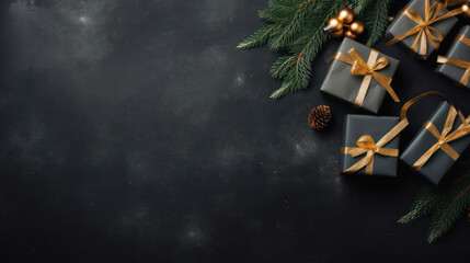 Dark christmas background with presents and christmas trees 