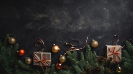Dark christmas background with presents and christmas trees 