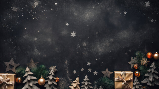 Dark christmas background with presents and christmas trees 