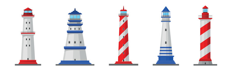 Lighthouse Tower Serving as Navigational Aid on Sea Vector Set