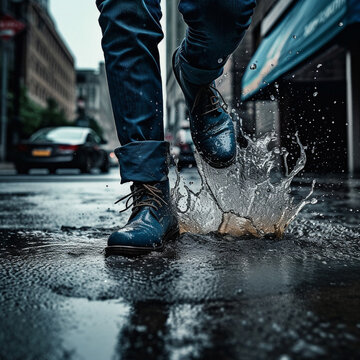 Rain, walking boots and and water splash in city street. Ai generated shoes of person in urban storm