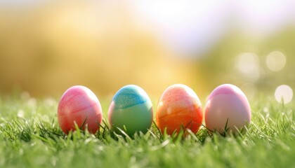 Happy Easter, colorful pastel Easter eggs, sunny spring day - Easter banner background with copy space for text.