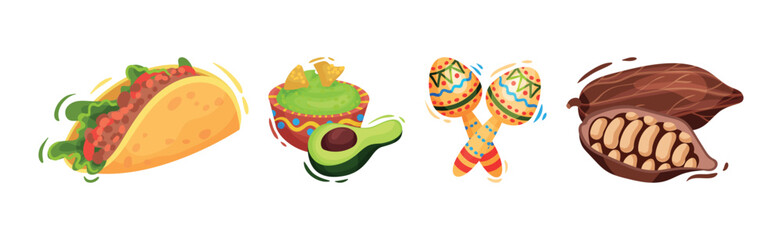 Mexican Symbols and Attribute with Tortilla, Guacamole, Maraca and Cocoa Bean Pod Vector Set