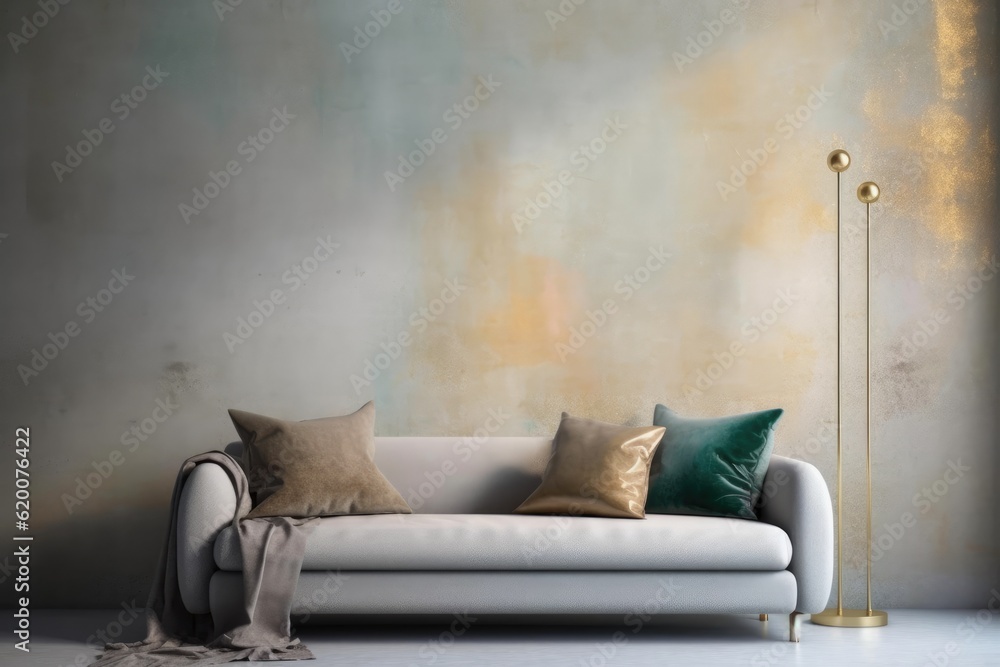 Wall mural Modern living room interior, stylish light grey sofa, lots of cushion pillows, generative AI