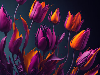 Beautiful tulips on a dark background. 3D illustration.
