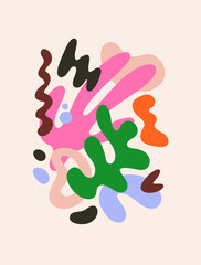 Abstract shapes, modern fluid elements, card design. Trendy creative wall art, poster with liquid organic natural curvy figures, multi-colored blobs, blots composition. Flat vector illustration