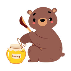 Cute Bear Character with Rounded Ears Sitting with Spoon and Honey Jar Vector Illustration