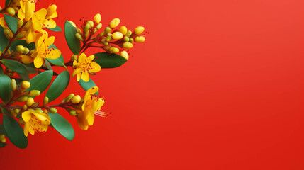 Hypericum On colorful background. Empty copy space on side. Generative AI. 