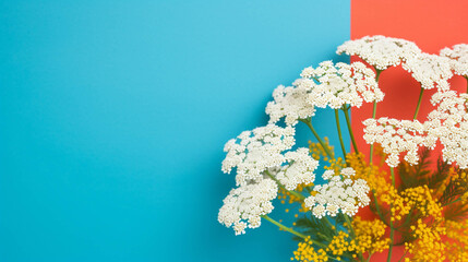 Yarrow On colorful background. Empty copy space on the side. Generative AI. 