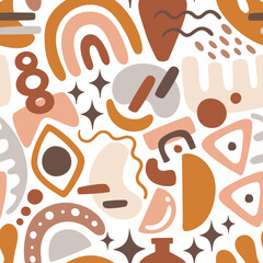 Abstract shapes seamless pattern. Boho organic shapes with warm color palette. Square repeat pattern design. Vector illustration.