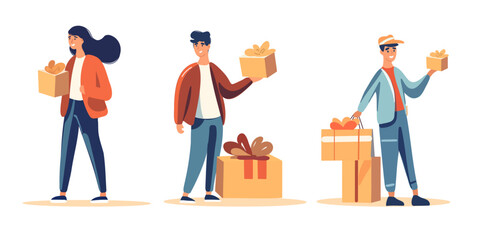 Set of  men and women, with bags, gifts after shopping. Shopping mall discount concept, black friday sale, vector illustration