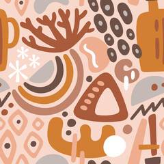 Abstract shapes seamless pattern. Boho organic shapes with warm color palette. Square repeat pattern design. Vector illustration.