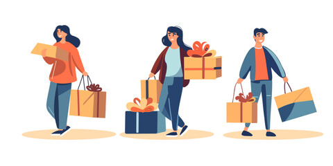 Set of happy men and women, with bags, gifts after shopping. Shopping mall discount concept, black friday sale, vector illustration