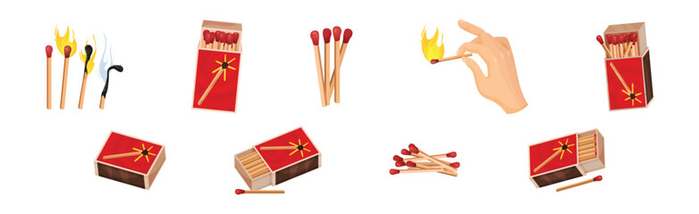Matchbox and Match as Small Wooden Stick for Starting Fire Vector Set