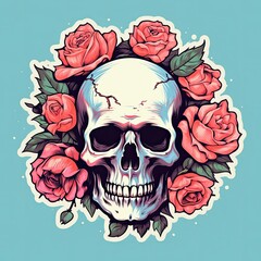 A human skulls with red roses illustration, generative AI