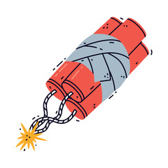 Dynamite Red Stick Sheaf with Fuse as Explosive and Reactive Substance for Explosion Vector Illustration