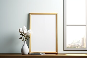 blank picture frame leaning against a wall - mockup template created using generative AI tools