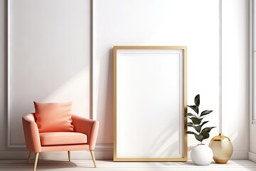 Fototapeta na wymiar blank picture frame leaning against a wall - mockup template created using generative AI tools