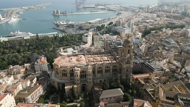 Drone view of The Cathedral of Malaga (called "La Manquita"), Andalusia, Spain