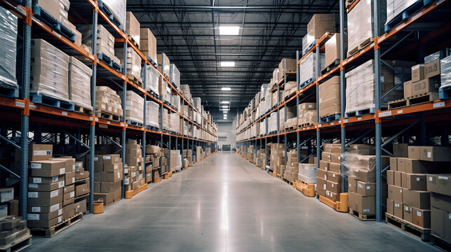 Organized modern warehouse interior showcases efficiency in logistics and supply chain management