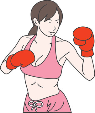Oriental woman training with red boxing gloves.