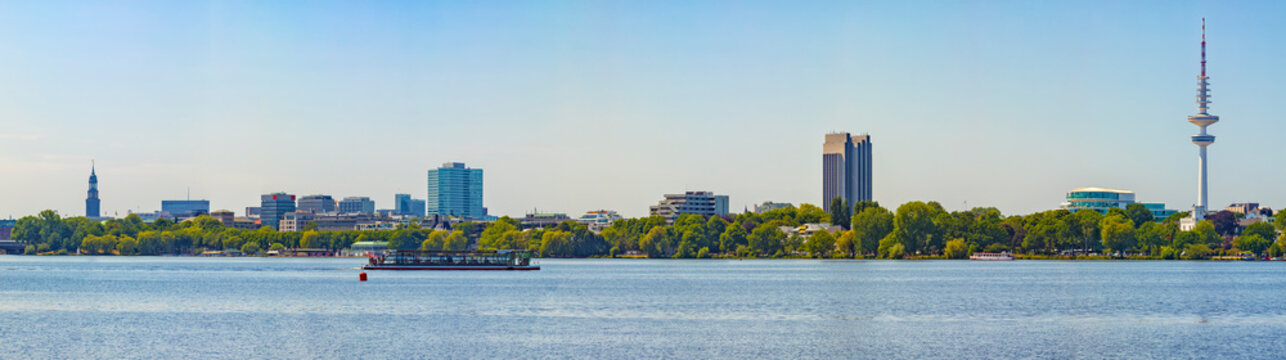 Panorama of Alster lake at Hamburg from St Michaelis church to television tower, tourist boat center image