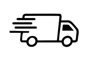 Fast moving shipping delivery truck line art vector icon for transportation apps and websites. Vector illustration isolated on transparent background - obrazy, fototapety, plakaty