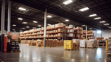 Organized modern warehouse interior showcases efficiency in logistics and supply chain management