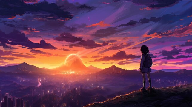 Silhouette of a girl in the mountains - Dusk's serenade: anime girl silhouette overlooking cityscape 4K artwork, wallpaper, Generative AI