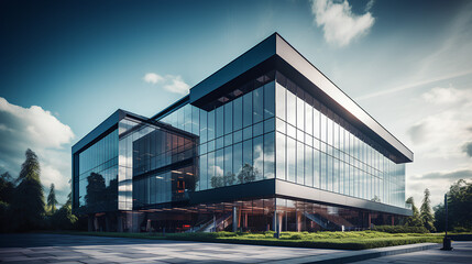 Photo of a modern office building with a sleek and minimalist design. Generative AI technology