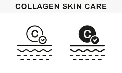 Healthy Skin Layer Collagen Line and Silhouette Black Icon Set. Moisture, Protect Skin Pictogram. Dermatology Skincare Treatment and Collagen Symbol Collection. Isolated Vector Illustration